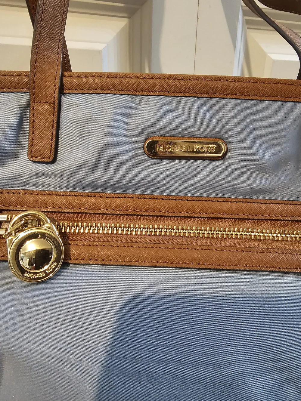 Michael Kors Light Blue Nylon Tote with Brown Leather Trim